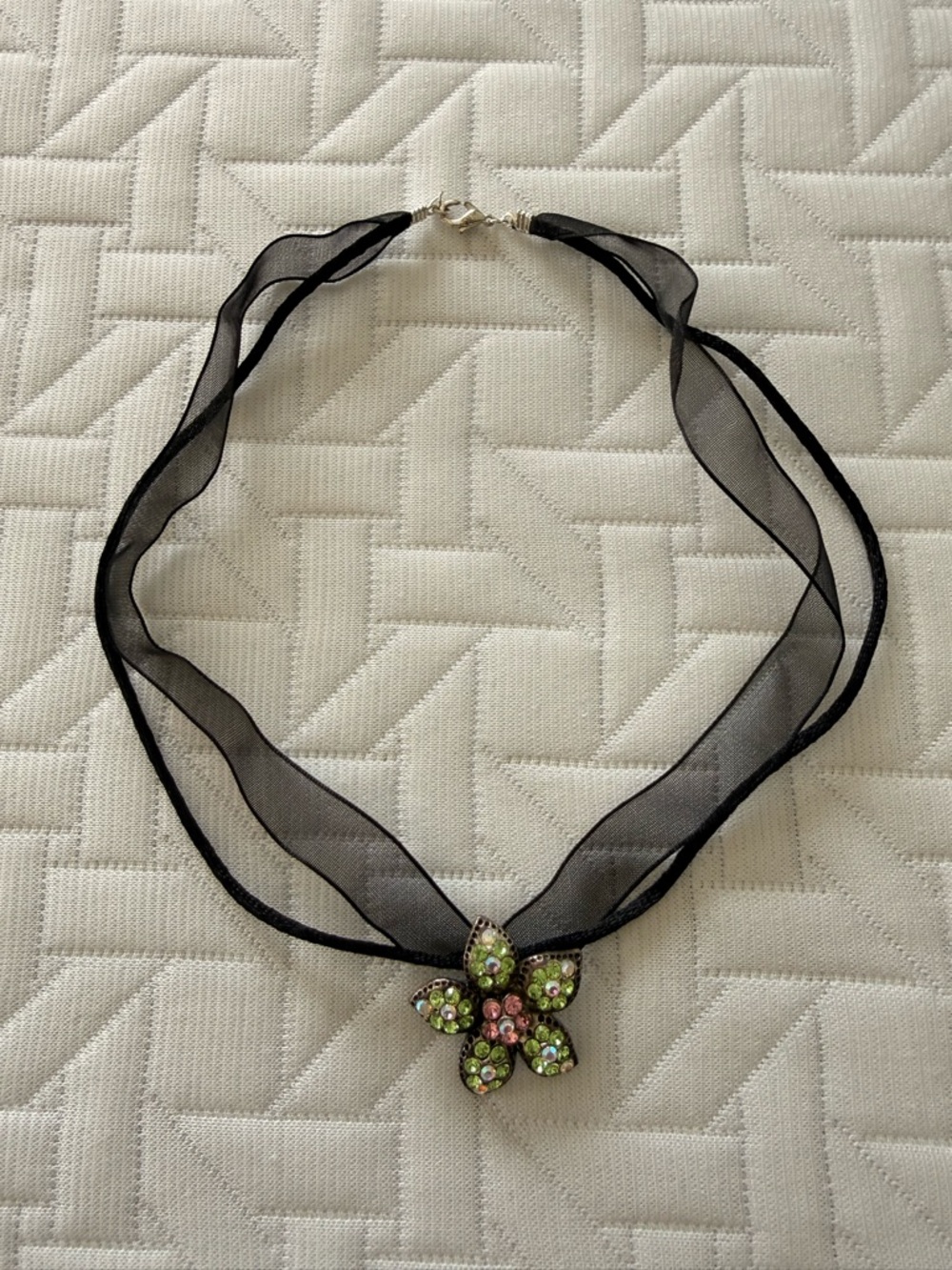 Black Organza Ribbon Choker with Green and Pink Floral Crystal Pendant